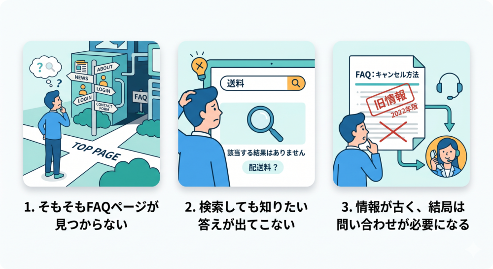 自己解決率が上がらない「3つの原因」を表したイラスト