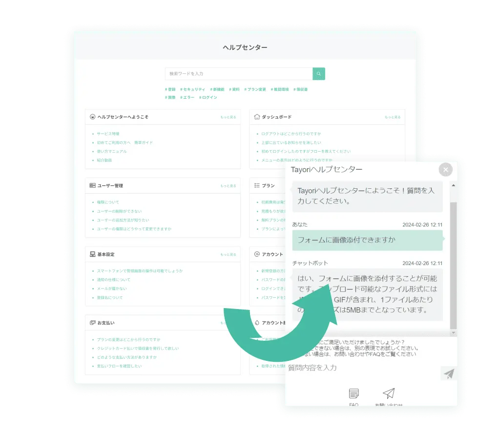 カスタマーサポートツール「Tayori（タヨリ）」のAIチャットボット操作画面